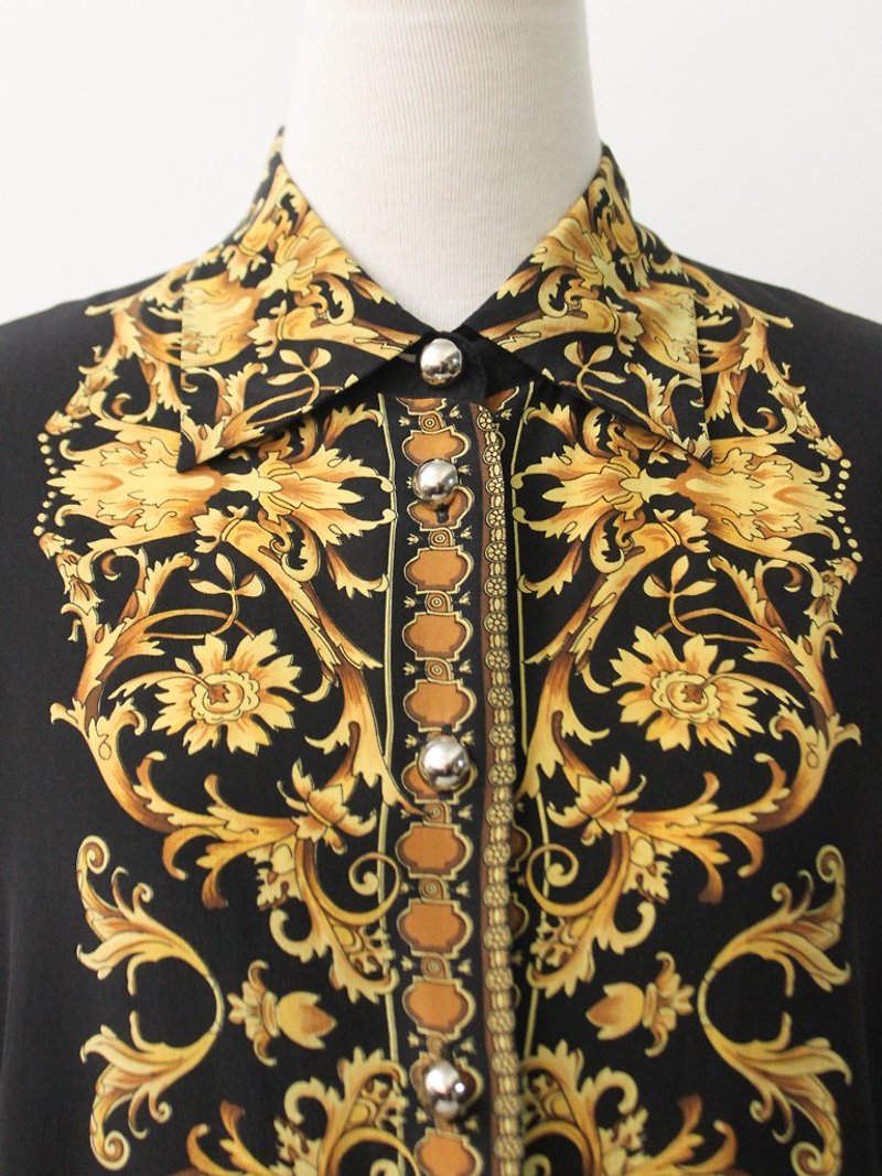 Vintage Baroque Print Long Sleeve Black 90s Vintage Vintage Shirt Europe Vintage Blouse - Women's Shirts - Polyester Black