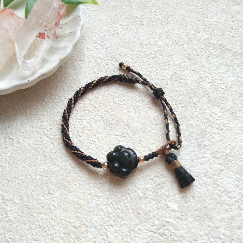 Palm. Rainbow obsidian. South American Brazilian Wax thread braided bracelet - สร้อยข้อมือ - เครื่องประดับพลอย สีดำ