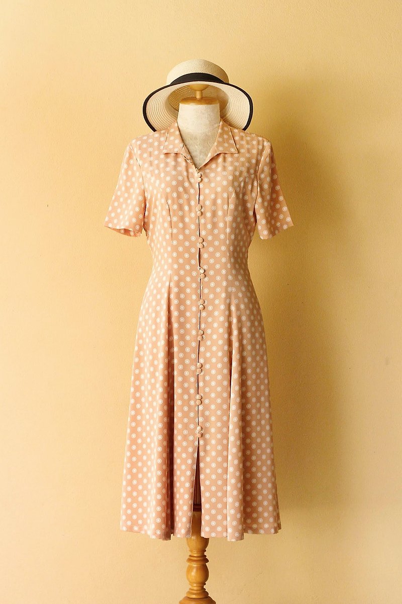Vintage dress White dot on Peach color fabric with double buttons detail - ชุดเดรส - เส้นใยสังเคราะห์ สีส้ม