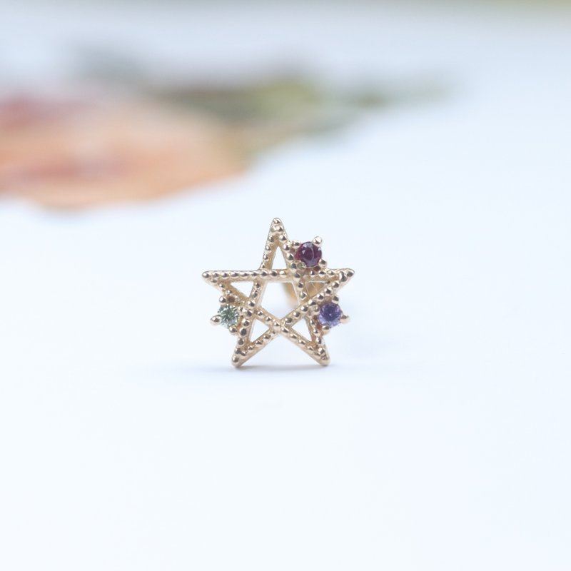 14K 鑽石星星鎖珠耳環 (單個)彩色寶石耳骨 耳窩 不退色 - 耳環/耳夾/耳骨夾 - 貴金屬 