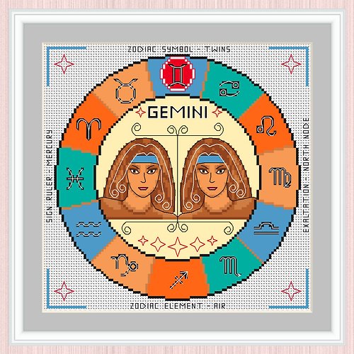 LarisaStitch Gemini Cross Stitch Pattern | Gemini Zodiac Sign | Sign Of Gemini | 十字繡圖案