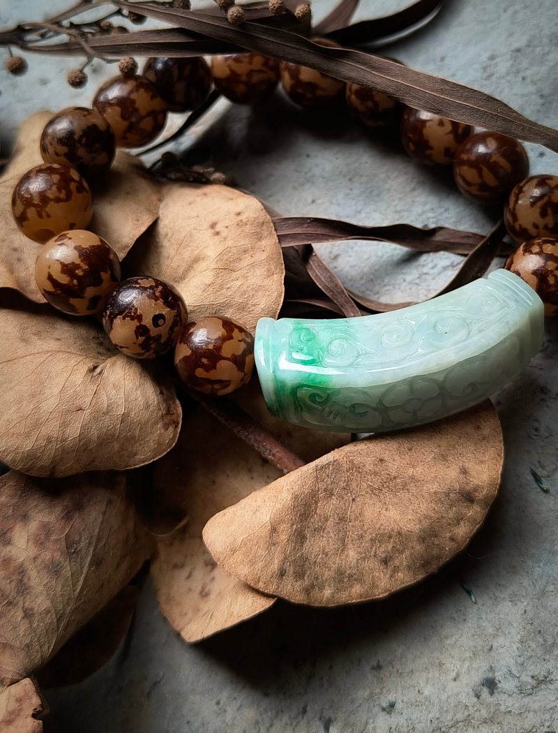 Myanmar natural sun green antique carved Bodhi bead chain 81719 - Bracelets - Gemstone Green