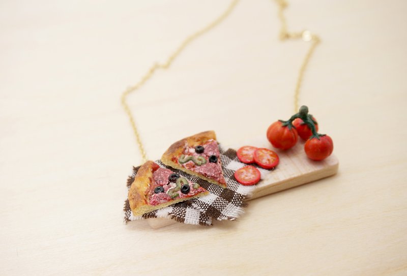 Pepperoni Pizza Handmade Polymer Clay Gold-Plated Brass Necklace - Chokers - Clay 