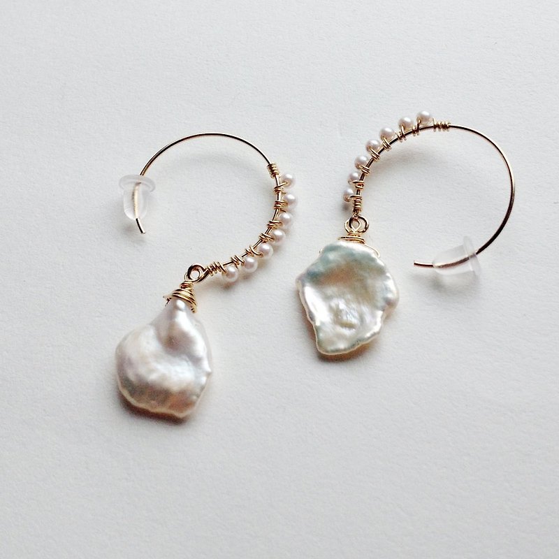 14 kg fresh water Keshi Pearl × Vintage Pearl Hitoha Hoop earrings OR earrings - ต่างหู - เครื่องเพชรพลอย ขาว