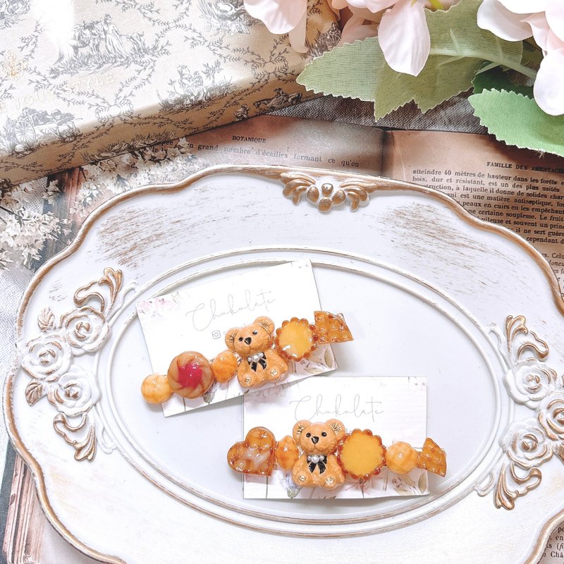 港式熊仔髮夾 格仔餅 蛋撻 小熊 - 髮夾/髮圈 - 樹脂 橘色