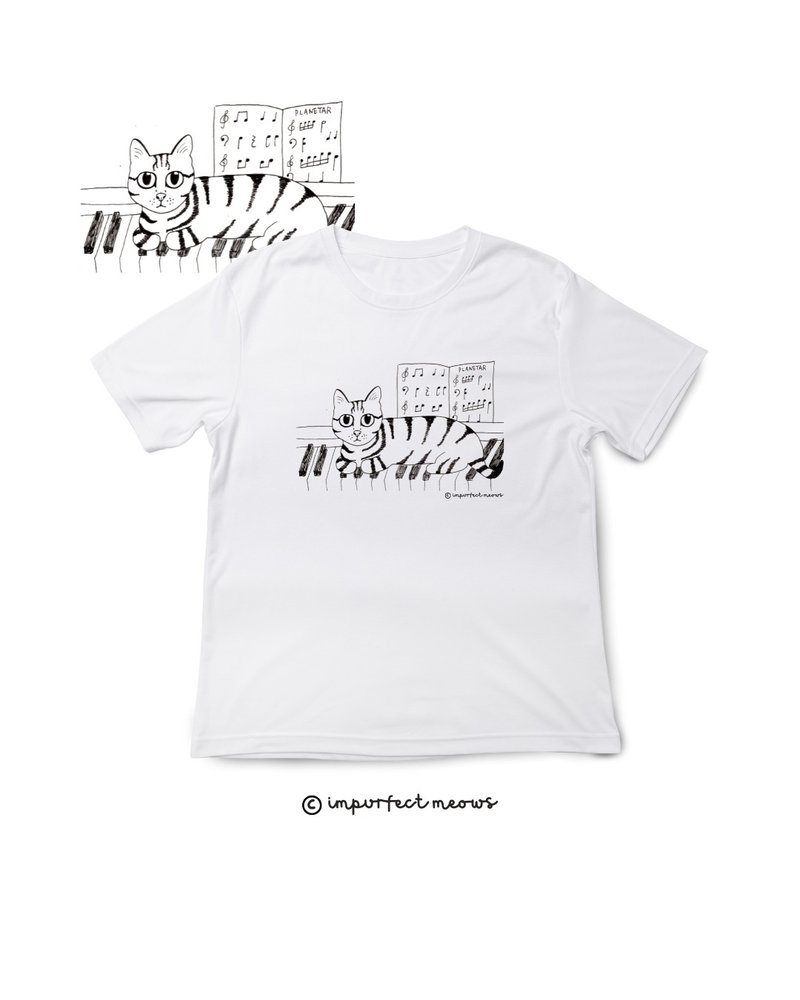 不完美貓咪 Impurfect Meows | 鋼琴貓T-Shirt - 白 - 帽T/大學T - 棉．麻 白色
