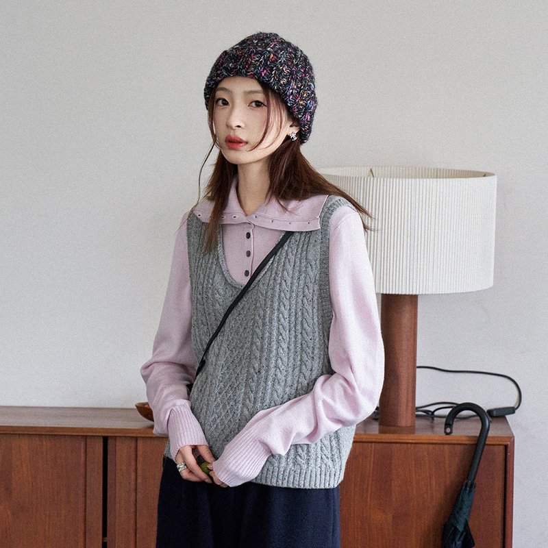 U-neck cable-knitted vest|Vest|Vest|Two colors|Autumn style|Sora-1642 - เสื้อกั๊กผู้หญิง - ขนแกะ หลากหลายสี