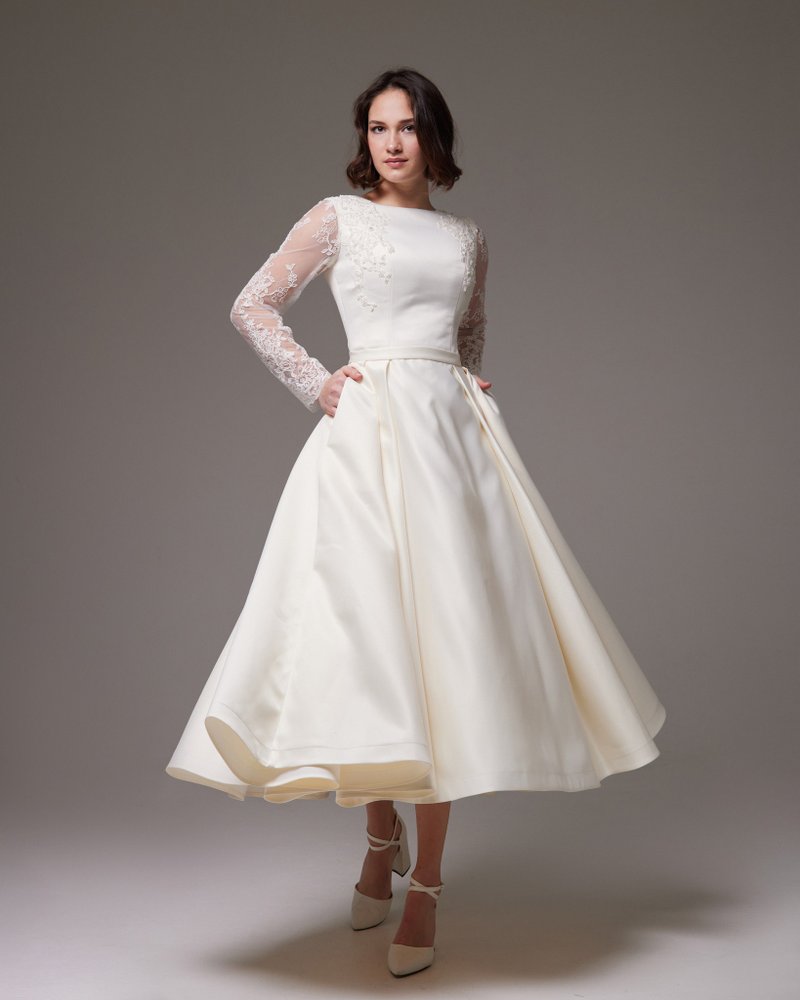 Ivory Satin Wedding Dress Lace, Lace Wedding Gown Satin, Wedding Dress A-Line - 禮服/小禮服 - 其他材質 白色