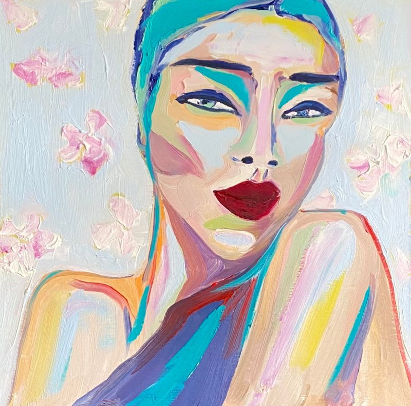 美女油畫女人肖像牆壁裝飾藝術野獸派藝術東方藝術 - 牆貼/牆身裝飾 - 其他材質 藍色