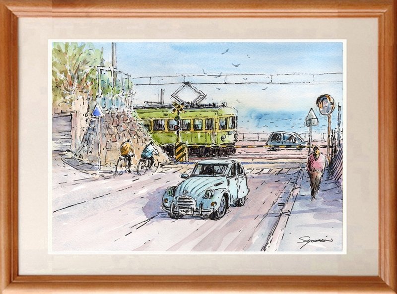 Watercolor Painting Original: A Perfect Day for a Drive - Kamakurakokomae Station Level Crossing - Posters - Paper Blue