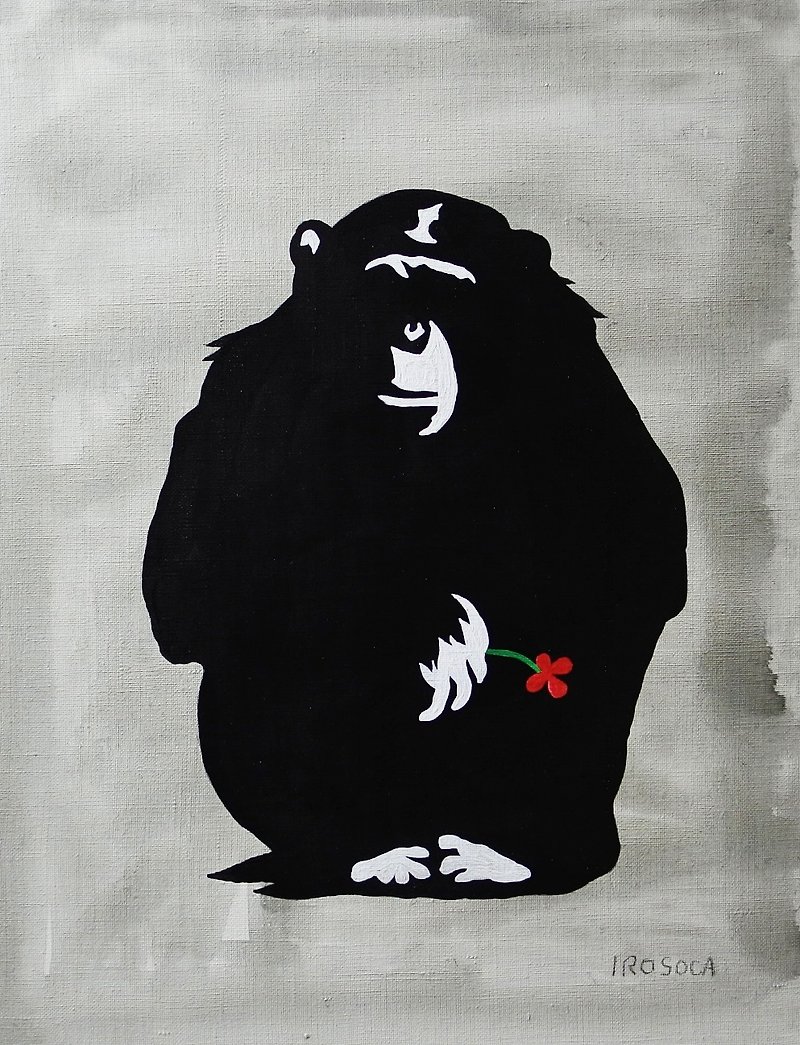 【IROSOCA】一輪の花を持ったチンパンジー　キャンバス絵画　F6サイズ原画 - ポスター・絵 - その他の素材 ブラック