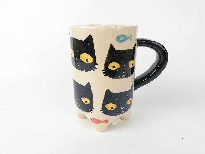 Nice Little Clay handmade cup _ full black cat head 0110-07 - Mugs - Pottery Multicolor