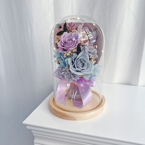 WEIWEI FLOWER 威威花藝設計 母親節禮盒/客製化禮物 LED玫瑰花束永生花鐘罩 -莫蘭迪藍+紫