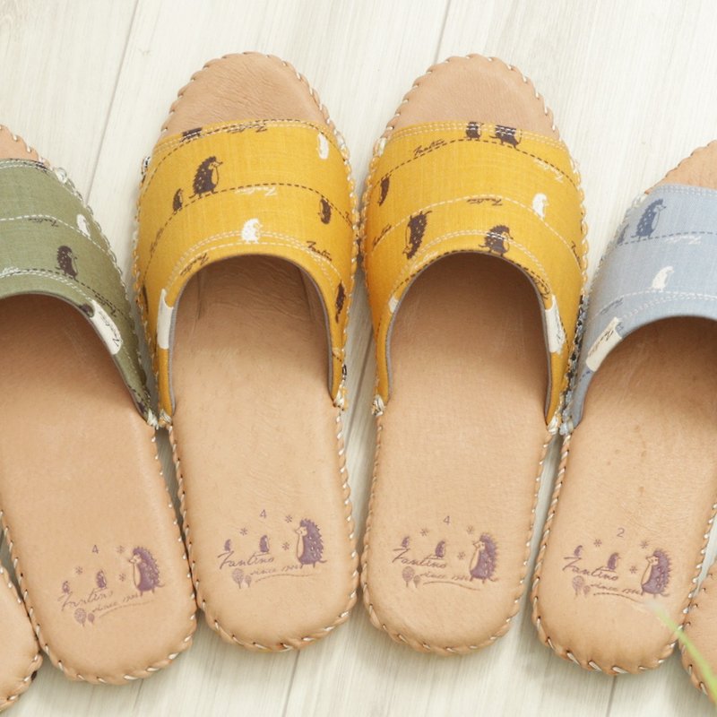 Leather Cloth Flower Indoor Slippers (Walking First Line) Mustard Yellow / Valentine's Day Gift / Fast Shipping - รองเท้าแตะในบ้าน - หนังแท้ สีเหลือง