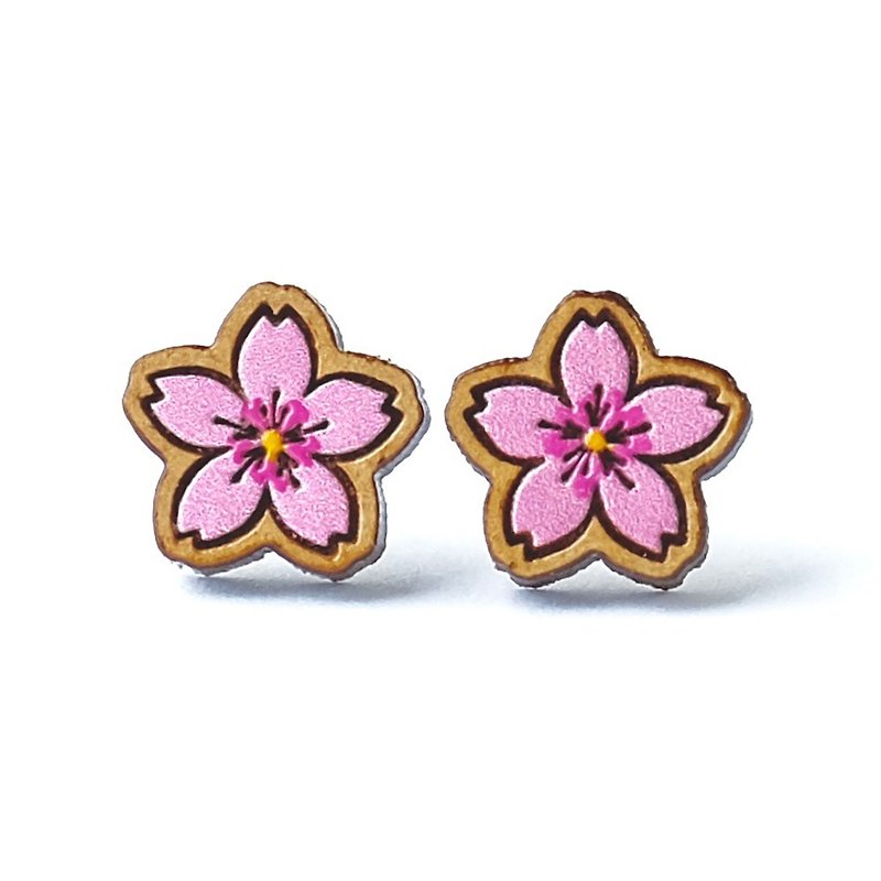 Painted wood earrings-Cherry blossoms - ต่างหู - ไม้ สึชมพู
