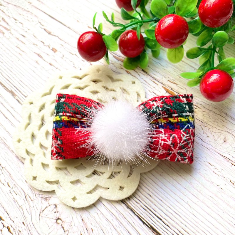 Fur Ball Christmas Ribbon Bow Hair Clip - Hair Accessories - Other Materials Red