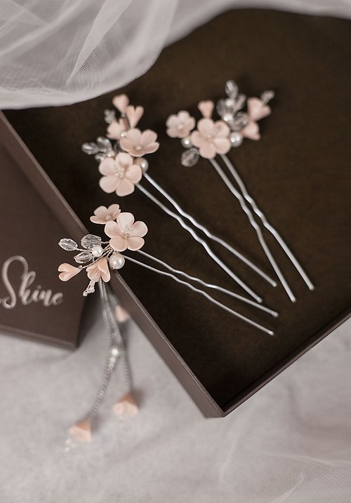 Kamael Shine Pink flower hair pin, Sakura bridal head piece, Pearl wedding earring jewelry