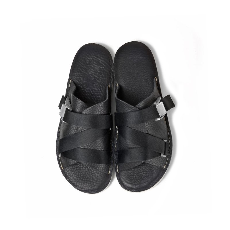 oqLiq-Display in the lost – webbing slippers (black) - Slippers - Genuine Leather Black