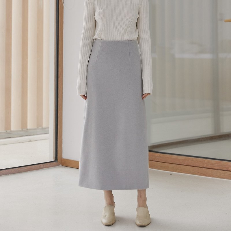 Light gray blue full wool step skirt slim and minimal temperament commute bust skirt high waist long section - Skirts - Wool Blue