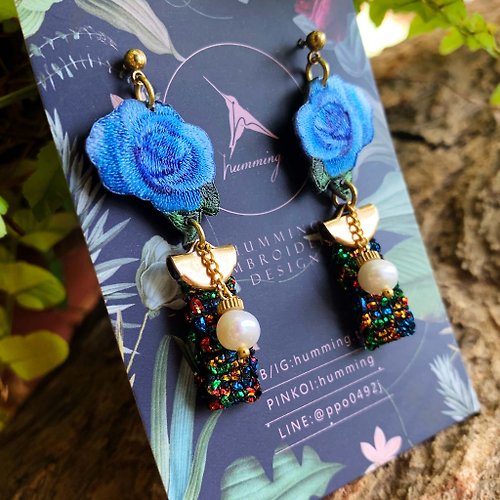 humming 耳環 藍玫瑰 銀河 彩虹設計 刺繡耳夾 珍珠 生日 禮盒 禮物