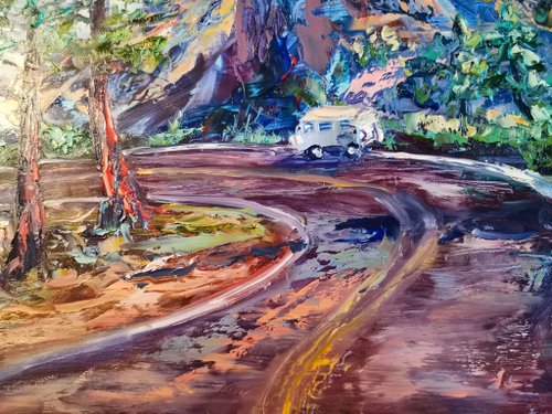 国立公園の木マウンテンカーオリジナルアート油絵アーティスト