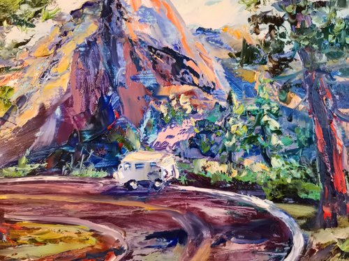 国立公園の木マウンテンカーオリジナルアート油絵アーティスト