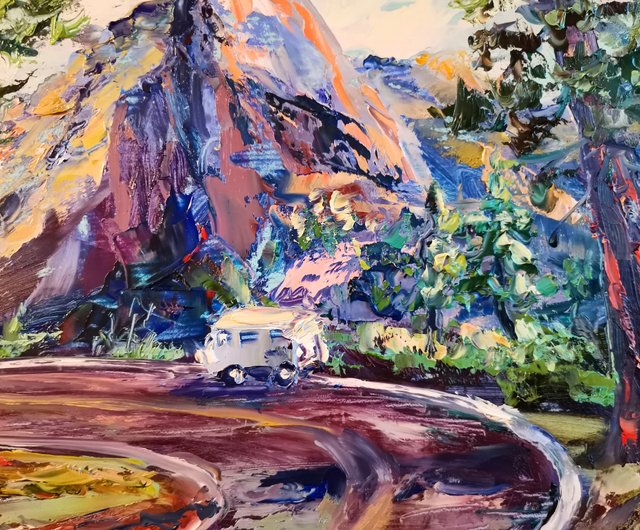 国立公園の木マウンテンカーオリジナルアート油絵アーティスト