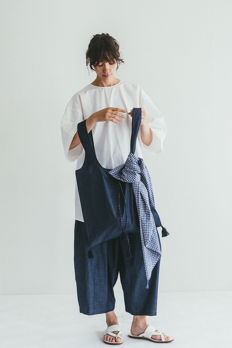 現貨 - 日本 Fog Linen Work - AMORI 流蘇單寧棉布包 - 側背包/斜背包 - 棉．麻 藍色