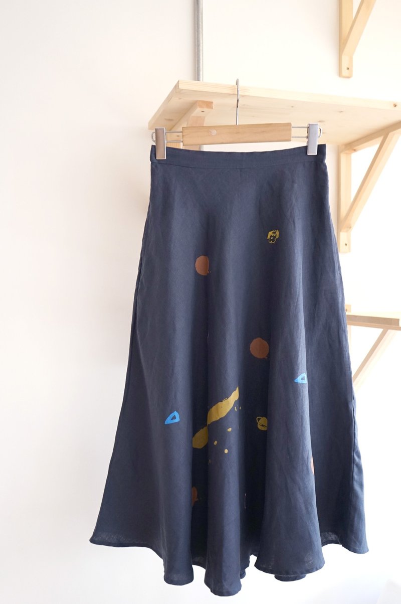 Yinke印花小狗宇宙 / 大點小點 印花鬆緊口袋圓裙 - 裙子/長裙 - 棉．麻 藍色