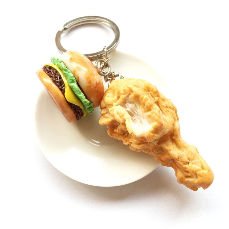 Keychain Hamburger + Fried Chicken - 鑰匙圈/鑰匙包 - 黏土 橘色