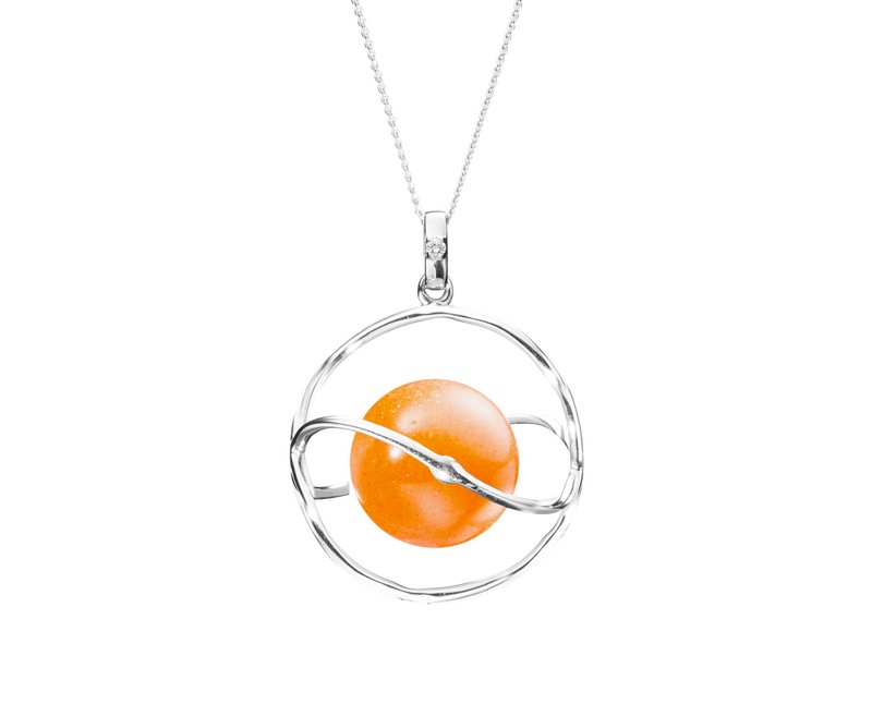 Sunstone Planet Necklace, 14k Orange Stone Pendant, White Gold Minimalist Chain - Collar Necklaces - Precious Metals Orange