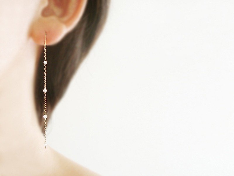 14KGF White Topaz and long chain, hook earrings 穿孔 - Earrings & Clip-ons - Stone Transparent