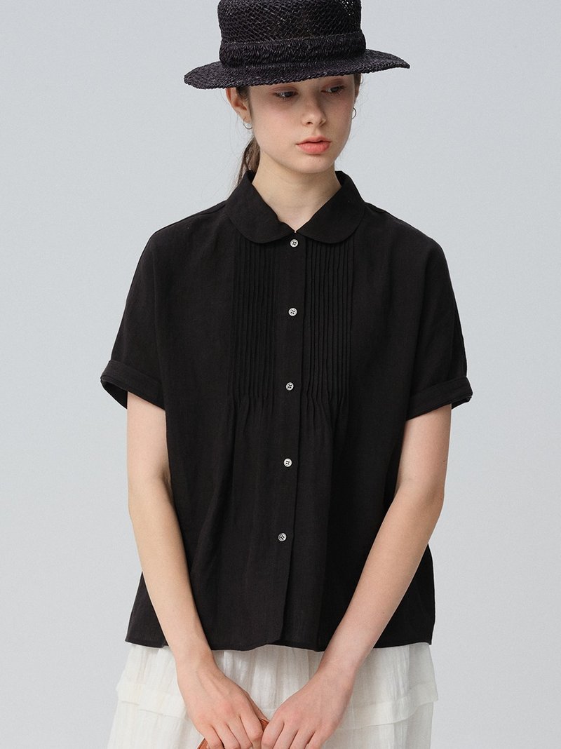 寬松圓領塔克黑色水洗亞麻短袖百搭襯衫 - 女上衣/長袖上衣 - 棉．麻 黑色