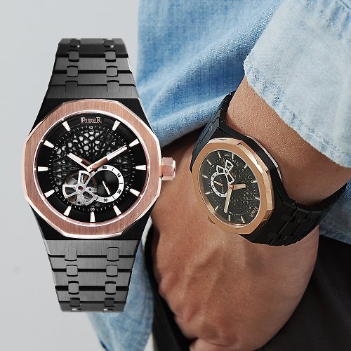 米朵貝菈．時光的禮物 FIBER 8017競速先鋒系列 鏤空機械腕錶-玫瑰金