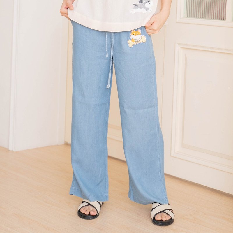 Shiba Inu baby towel embroidered patch denim wide pants [9007601] - Women's Pants - Cotton & Hemp Blue