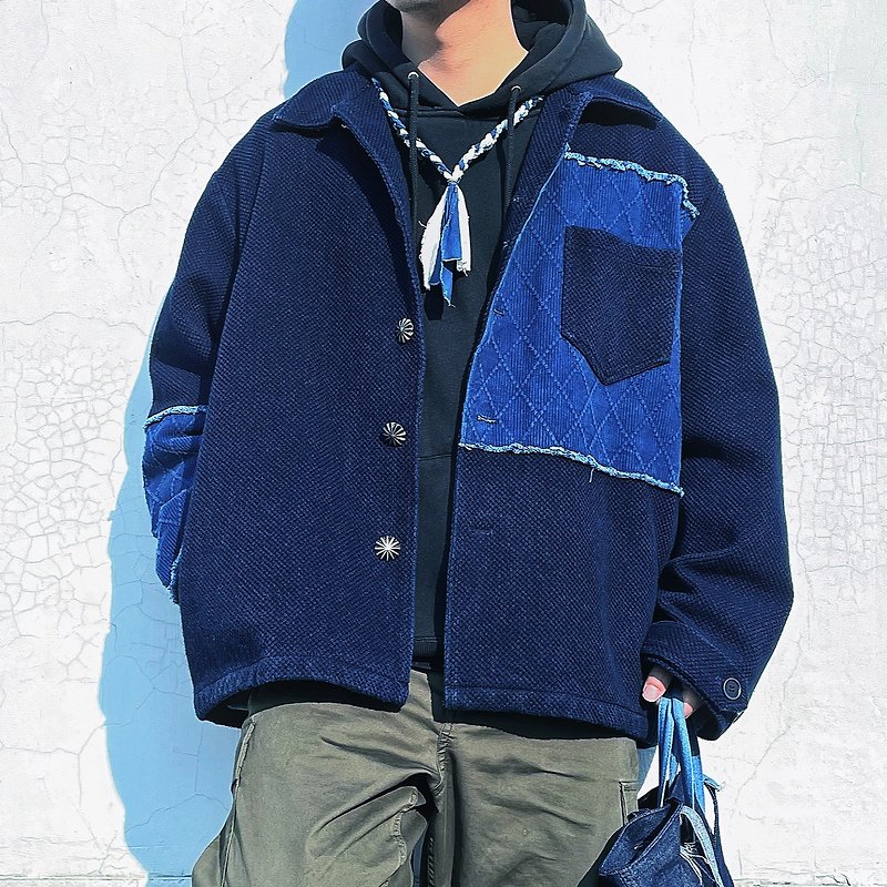 日系藍染 復古拼接劍道服夾克 寬鬆中性外套 - 外套/大衣 - 棉．麻 藍色