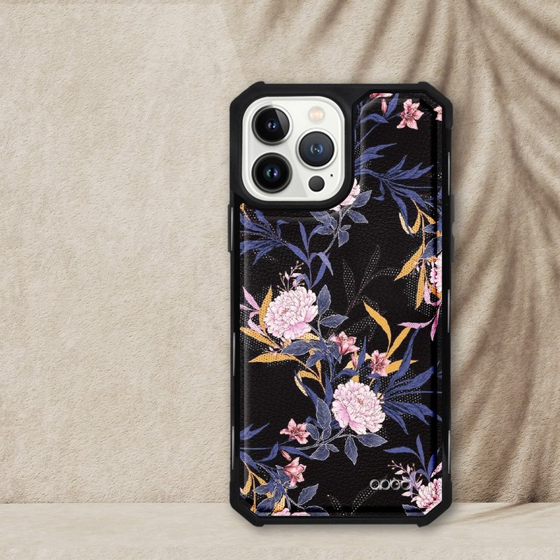 iPhone 13全系列軍規防摔皮革磁吸手機殼-花語-麝香石竹(黑殼) - 手機殼/手機套 - 其他材質 多色