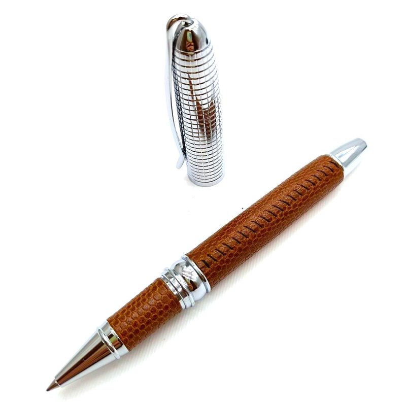 Genuine leather pen platinum engraved leather grip steel ball pen hand-stitched leather pen with pen box and spare refill - Rollerball Pens - Genuine Leather 