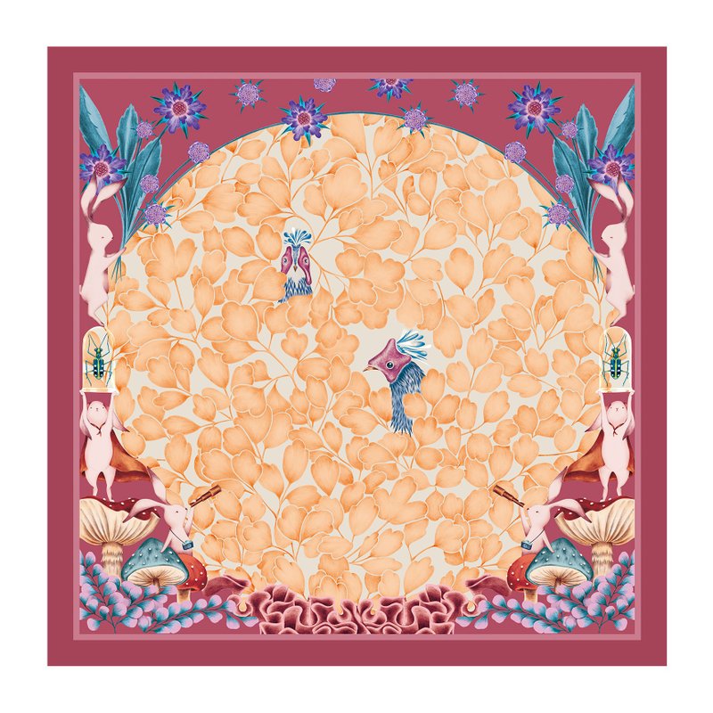 手繪絲巾 / 藍腹鷴 / 紅花 / 65x65cm - 絲巾 - 聚酯纖維 紅色