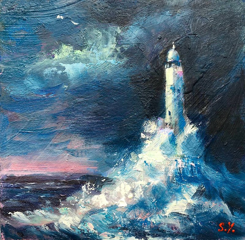 海景灯台絵画オリジナル海洋絵画海岸海油絵アートワーク - 置物 - その他の素材 ブルー