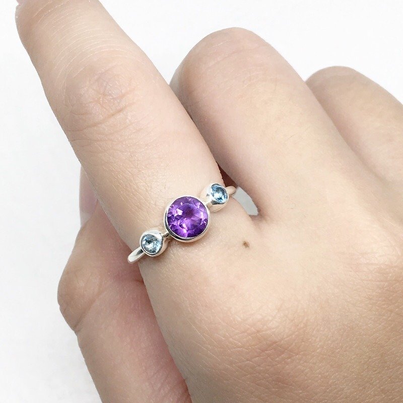紫水晶藍托帕石925純銀雙寶石設計戒指 - 戒指 - 寶石 紫色