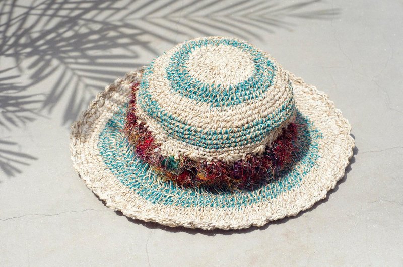 Handmade cotton saris line cap / knit cap / hat / straw hat - Blue twisted hand woven saris line flowers - Hats & Caps - Cotton & Hemp Multicolor