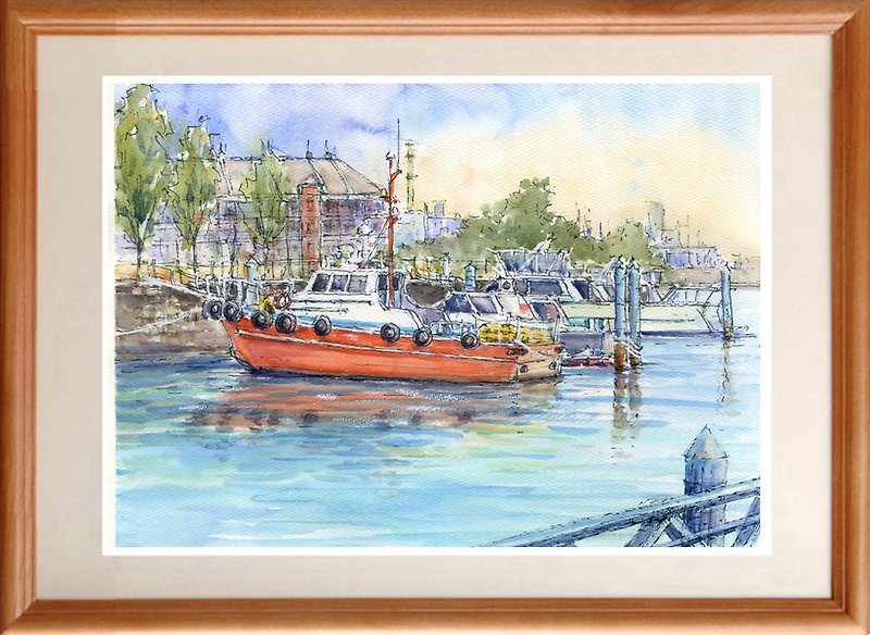 水彩画　横浜港の赤いボート - 掛牆畫/海報 - 紙 紅色
