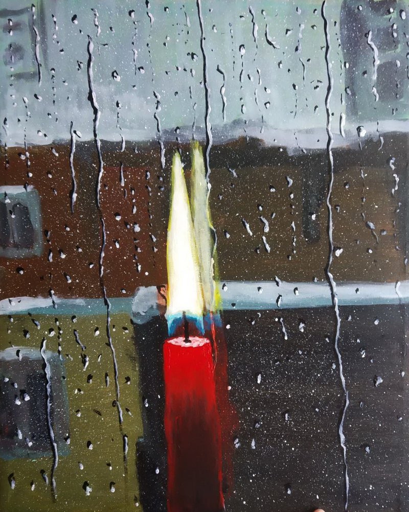 Original acrylic painting on canvas Burning candle on a Rainy day 40 on 50 cm - ตกแต่งผนัง - วัสดุอื่นๆ หลากหลายสี