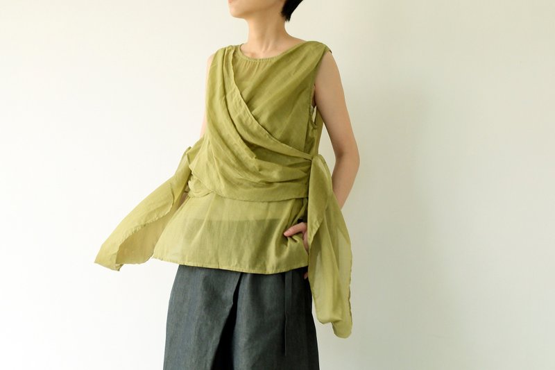 川 衣 WEAR BEING  前後綁帶絲棉背心  芥末綠 - 背心/無袖上衣 - 絲．絹 綠色