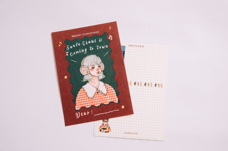 Santa claws is coming to town 聽音樂女孩 聖誕明信片 - 卡片/明信片 - 紙 多色