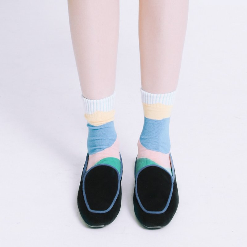 Light mousse foot! Velvet piping small square toe slippers black MIT-black × sage blue piping - รองเท้าอ็อกฟอร์ดผู้หญิง - หนังแท้ สีดำ