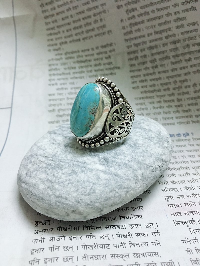 Turquoise Finger Ring with heavy work Handmade in Nepal 92.5% Silver - General Rings - Semi-Precious Stones 