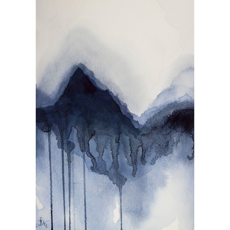 Mountain Painting New Zealand Original Art Abstract Watercolor Landscape - โปสเตอร์ - กระดาษ สีน้ำเงิน