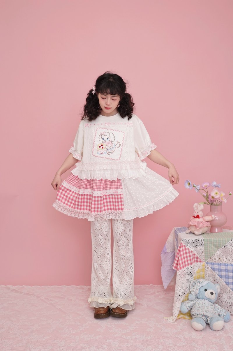 甜美少女 手作remake 玩偶刺繡短袖T恤 連身裙 - 女 T 恤 - 其他材質 白色